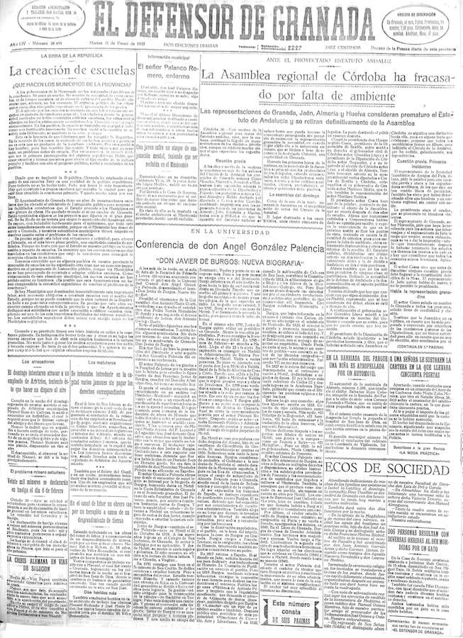 Recortes de prensa, de IDEAL y el 'Defensor de Granada' sobre la posición de Granada ante la Asamblea que se celebró en Córdoba en 1933 de la que surgió un anteproyecto de Estatuto de Andalucía